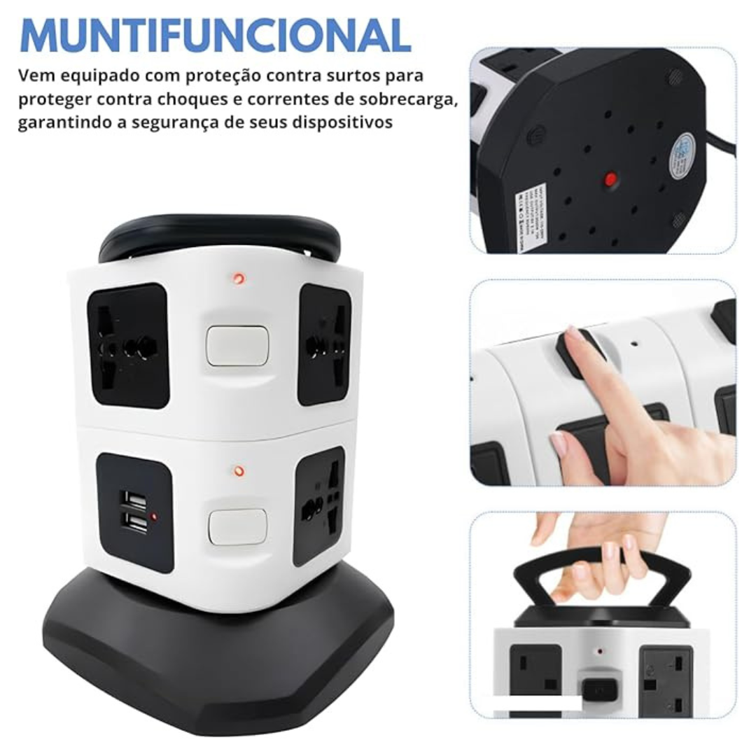 Torre de 2 ANDARES - Tomadas Elétrica com 7 Entradas Universais + 2 Portas USB